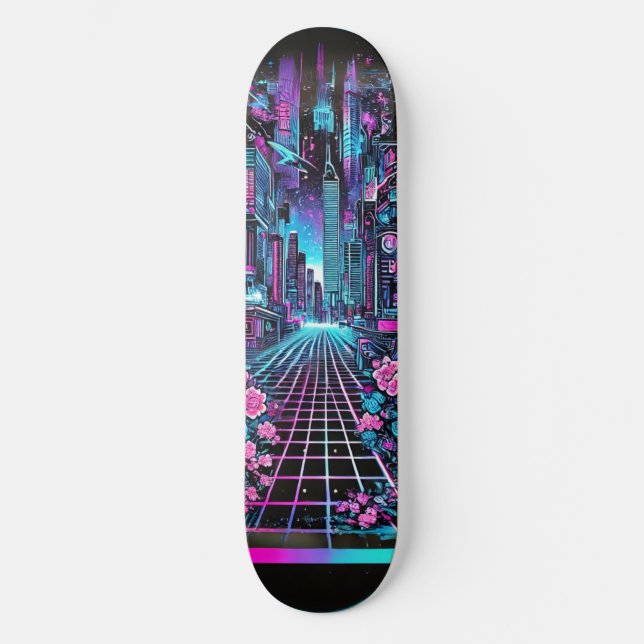 Cyberpunk Cityscape Skateboard Deck – Neon (Recto)