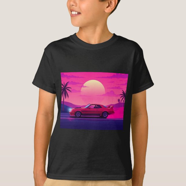Cyberpunk Gamer Sunset Car Boy's T-Shirt (Devant)
