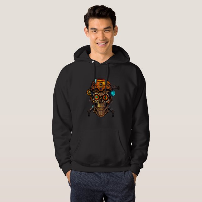 Cyberpunk Mecha Skull - Sweat à capuche noir unise (Devant entier)