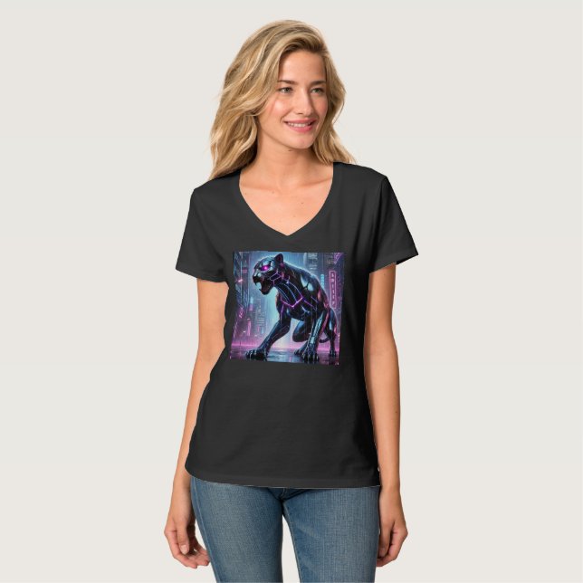 Cyberpunk Neon Panther Tee T-Shirt Design. (Devant entier)
