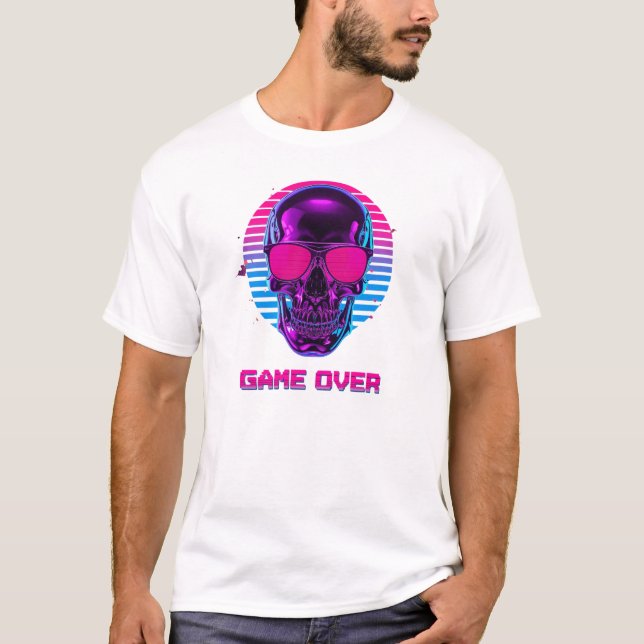 Cyberpunk Neon Skull Game Over T-Shirt in Pink and (Devant)