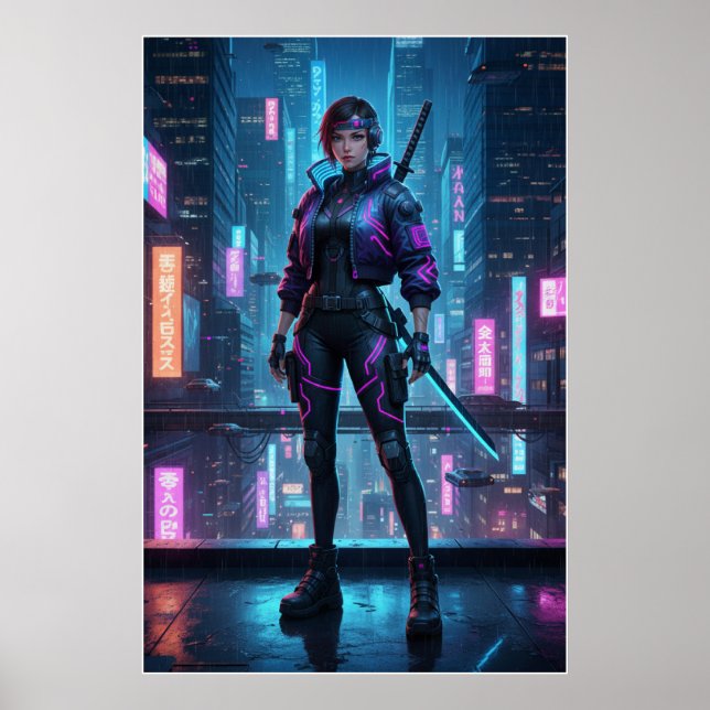 Cyberpunk Samurai Girl | Neon City Warrior Poster (Devant)