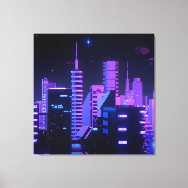 Cyberpunk ville violette IA toile d'art (Recto)