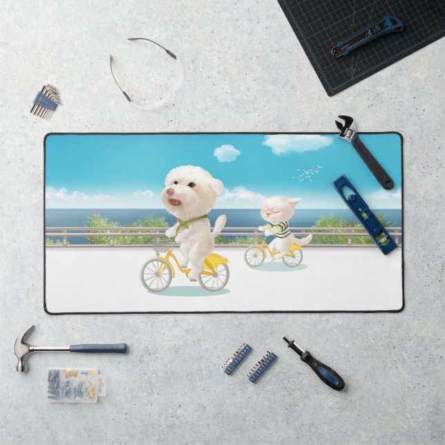 Cyclisme au bord de la mer : Bichon souriant et ar (Poste de travail)