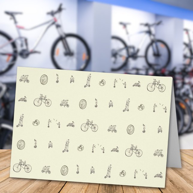 Cyclists on Quirky Bicycles Funny Cycling Drawing (Cyclists riding funny bicycles fun cycling black and white line art illustration greetings card)
