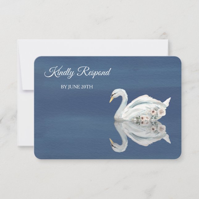 Cygne Floral Blanc sur RSVP de mariage Menu Bleu (Devant)