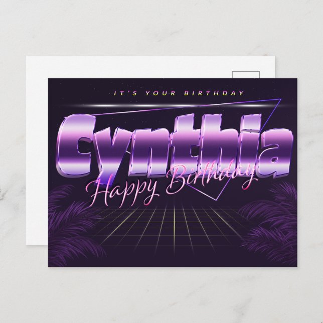 Cynthia prénom carte postale violette anniversaire (Devant / Derrière)