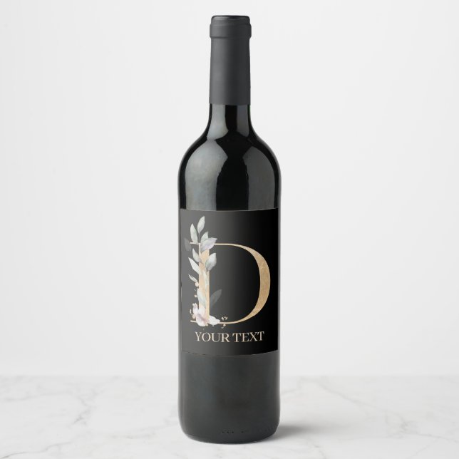 D Monogramme Floral Étiquette de vin personnalisé (Devant)