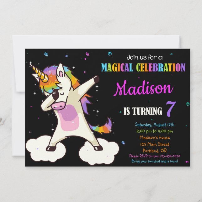 Dabbing Unicorn invitation anniversaire Magie fête (Devant)