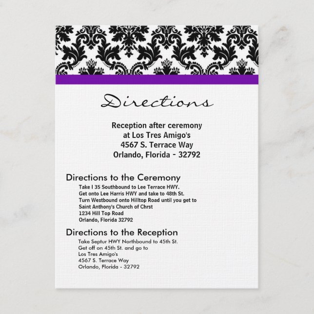 D'accompagnement 4x5 Carte de direction Black Damask Purple Recepti (Devant)