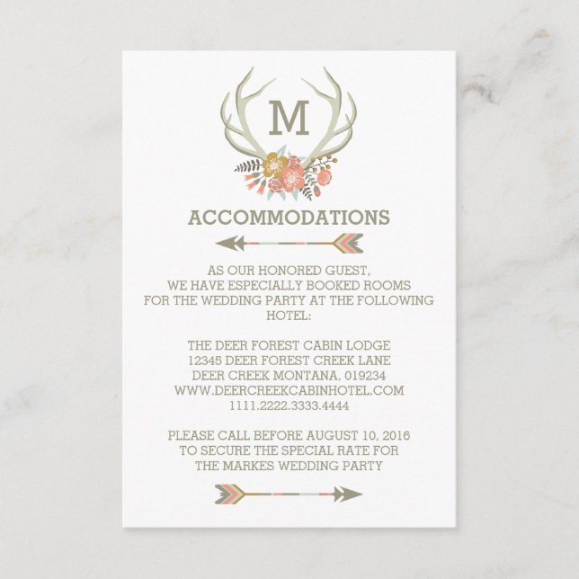 D'ACCOMPAGNEMENT ANTLERS FLORAUX | CARTE D'HÉBERGEMENT MARIAGE RUST (Devant)