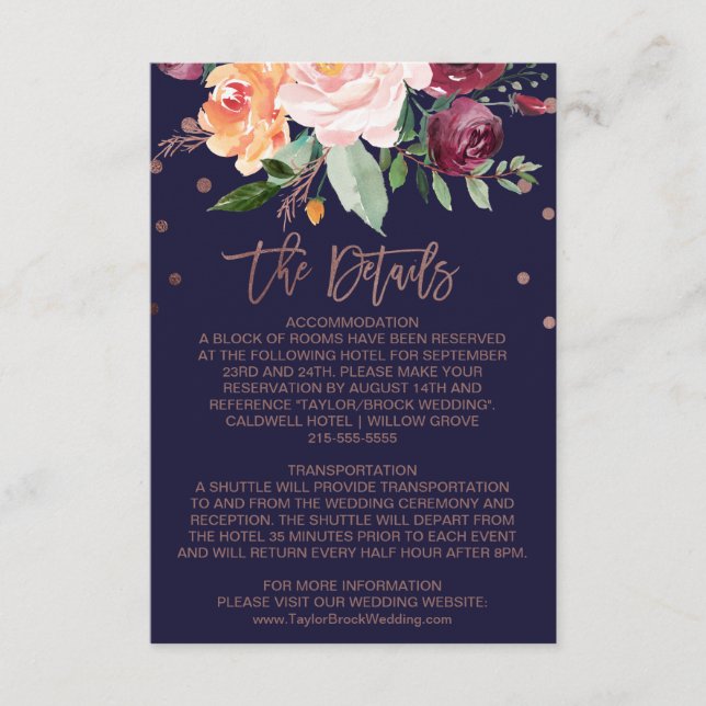 D'accompagnement Automne Floral Rose Gold Mariage Détails Carte (Devant)