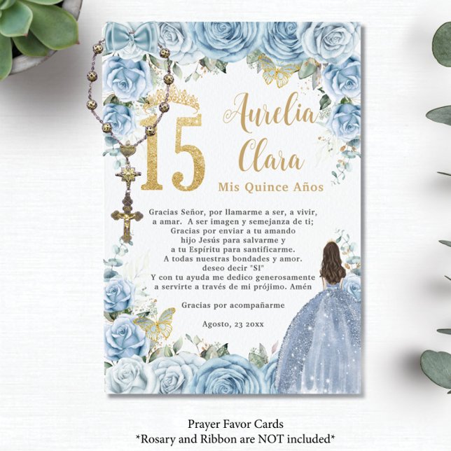 D'accompagnement Baby Blue Floral Princesse Quinceañera Carte de pr (baby blue roses floral gold 15 XV princess dress quinceanera rosary prayer card favors printed)