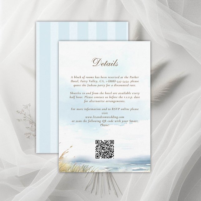 D'accompagnement Beach Ocean Blue Détails du Mariage Carte de boîti (wild beach wedding details card dreamy watercolor ocean fence grass nature formal modern classic)