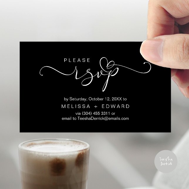 D'accompagnement Beau mariage romantique invite carte RSVP (Wedding invitation RSVP via Phone or email respond reminder Enclosure Card in aesthetic Black White)
