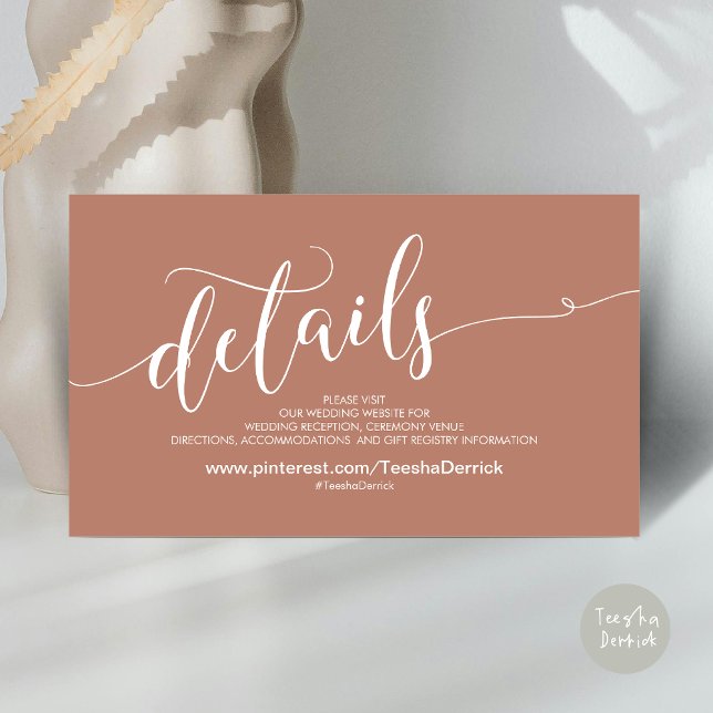 D'accompagnement Beautiful Mariage Website Details Carte de boîtier (Beautiful Wedding Website Details Enclosure Card, with website, password and hashtag in Earthy brown)