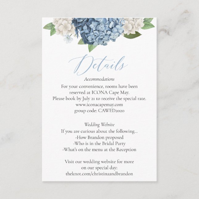 D'accompagnement Blue Hydrangea Détails du Mariage Carte du boîtier (Devant)