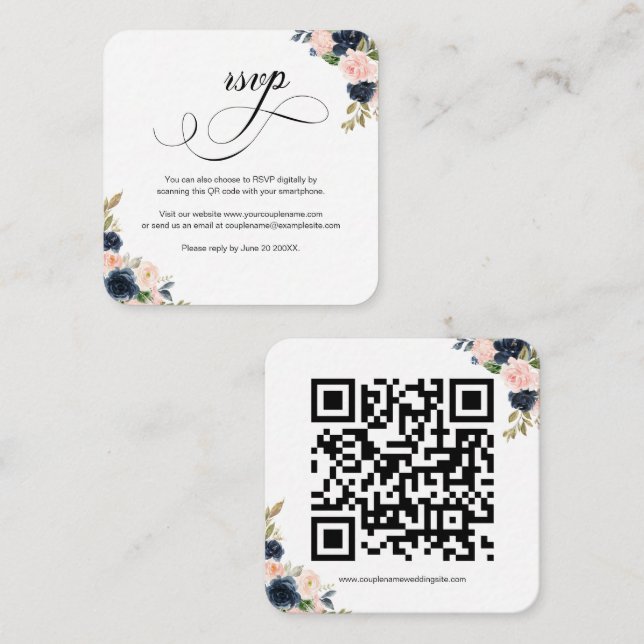 D'accompagnement Blush rose & Navy Floral QR Code Mariage Carte RSV (Devant / Derrière)