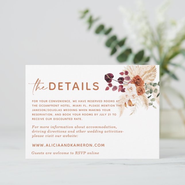 D'accompagnement Boho Pampas Burnt Orange Mariage Détails Carte (Debout devant)