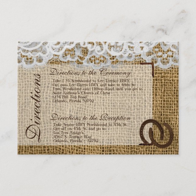 D'accompagnement Carte 3x5 Mariage Chaussures Cheval sur Burlap (Devant)