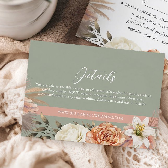 D'accompagnement Carte Boho Sage Green Peach Floral Mariage Détails (Créateur téléchargé)