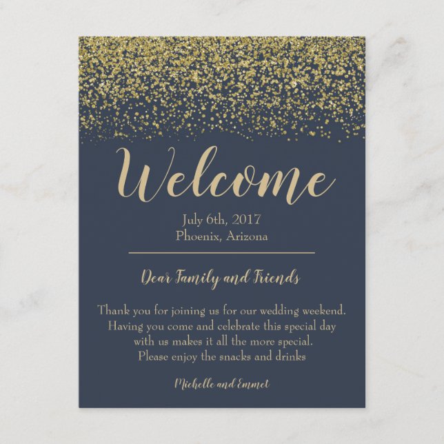 D'accompagnement Carte de bienvenue de mariage Navy Blue et Or Hôte (Devant)