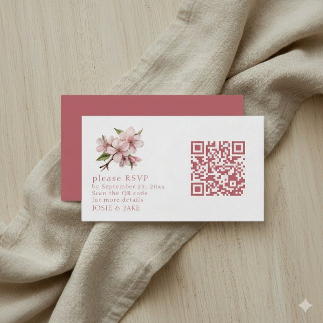 D'accompagnement Carte de boîtier rsvp Cerise Blossom rose QR Code (Pink QR code RSVP wedding enclosure card.)