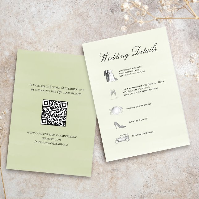 D'accompagnement Carte de chronologie de code QR des détails de mar (Elegant sage green wedding details card with timeline layout and soft calligraphy script)
