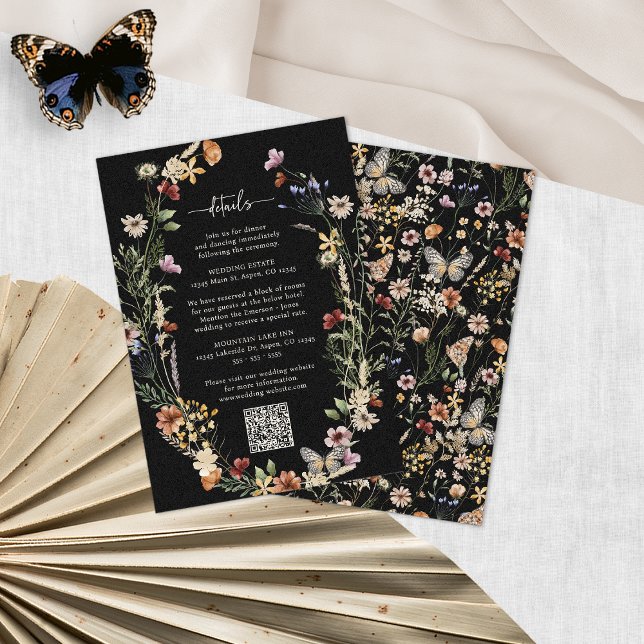 D'accompagnement Carte de clôture de fleurs sauvages bohème rustiqu (Black Rustic Boho Wildflower Enclosure Card with QR Code by Painted Paperie
)