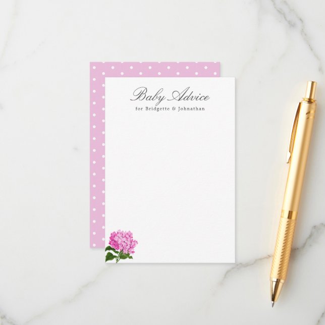 D'accompagnement Carte de conseil pour bébé Hydrangea rose (Devant/Arrière en situation)