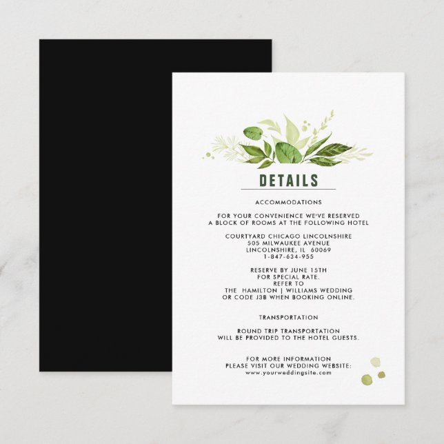 D'accompagnement Carte de détail du Mariage Botanique Vert Noir (Devant / Derrière)