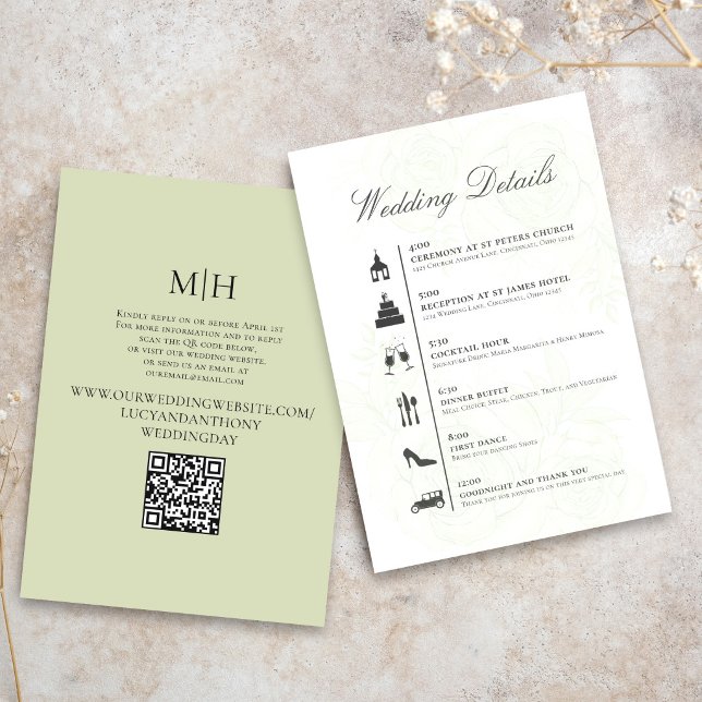 D'accompagnement Carte de détails de code QR de calendrier de maria (Clean wedding timeline card with QR code for quick access to event details.)