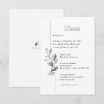 Carte de détails de mariage à feuillage noir et bl