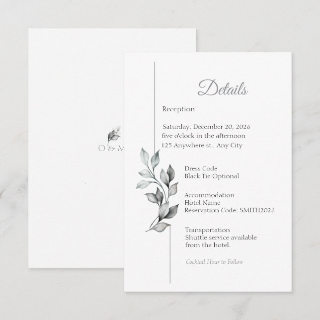 D'accompagnement Carte de détails de mariage à feuillage noir et bl (Devant / Derrière)
