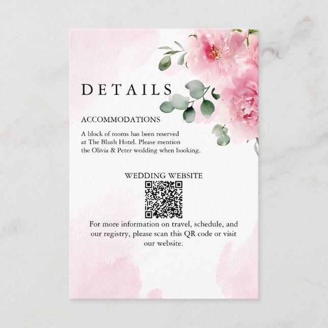 D'accompagnement Carte de détails de mariage à fleurs rose blush ro (Devant)
