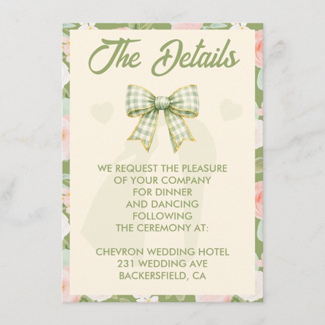 D'accompagnement Carte de détails de mariage à ruban gingham vert W (Devant)