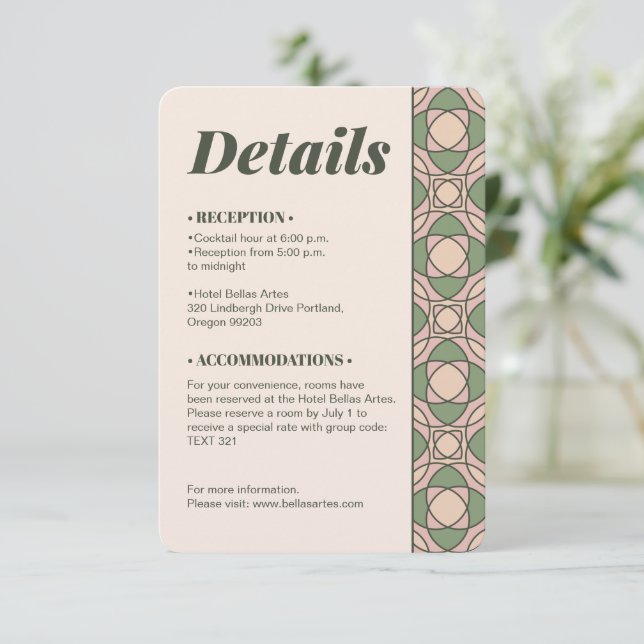D'accompagnement Carte de détails de mariage Art Déco vert sauge av (Debout devant)