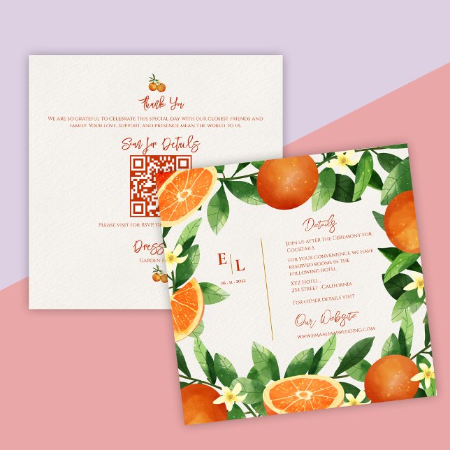 D'accompagnement Carte de détails de mariage automnal avec code QR  (Rustic QR Code Citrus Orange Fall Wedding Details Enclosure Card)