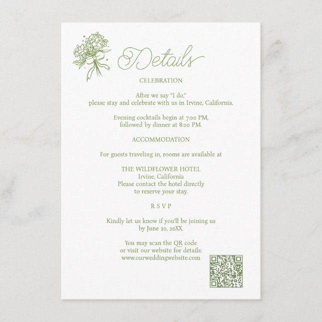 D'accompagnement Carte de détails de mariage aux hydrangeas vert sa (Devant)