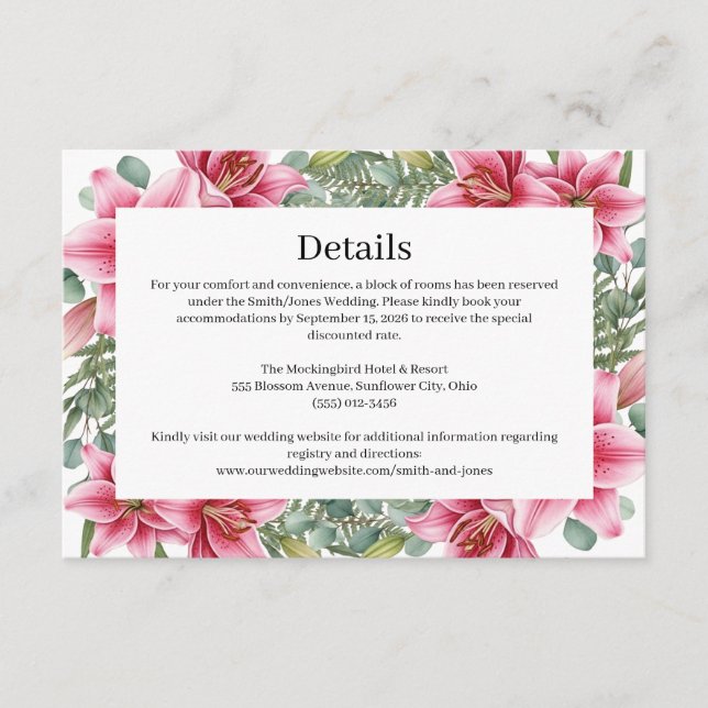 D'accompagnement Carte de détails de mariage aux lys Stargazer (Devant)