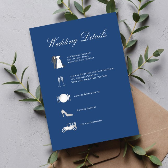 D'accompagnement Carte de détails de mariage avec code QR Bleu Clas (Easy RSVP with QR code—clean, modern back design for wedding website access.)