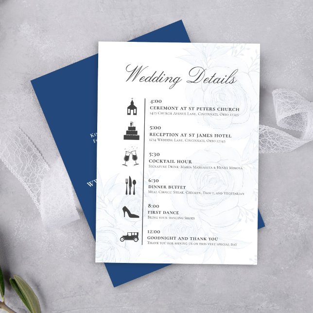 D'accompagnement Carte de détails de mariage avec code QR bleu et c (Elegant floral wedding details card with calligraphy script and clear timeline layout.)