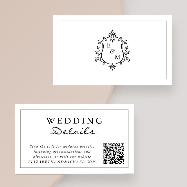 D'accompagnement Carte de détails de mariage avec code QR et monogr (Elegant Monogram Crest QR Code Wedding Details Enclosure Card)