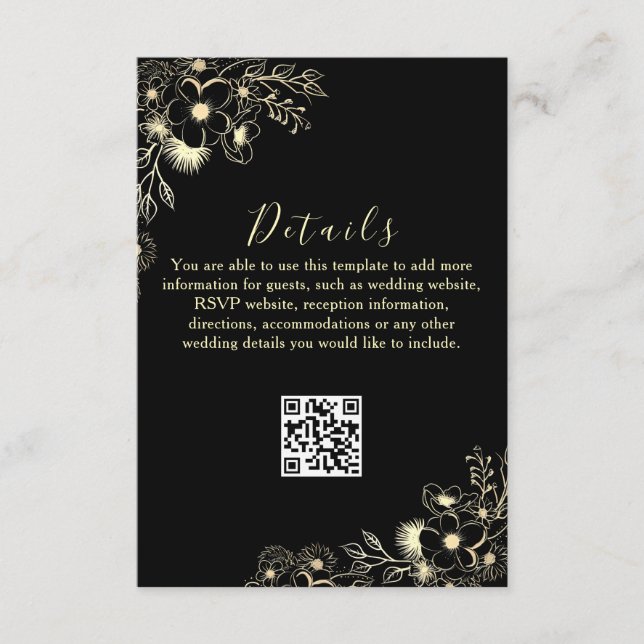 D'accompagnement Carte de détails de mariage avec code QR Or Noir (Devant)