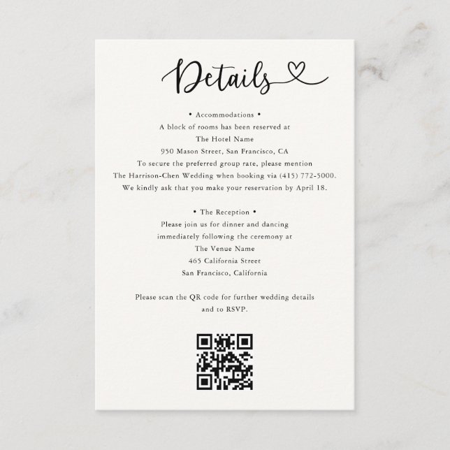 D'accompagnement Carte de détails de mariage avec code QR pour RSVP (Devant)