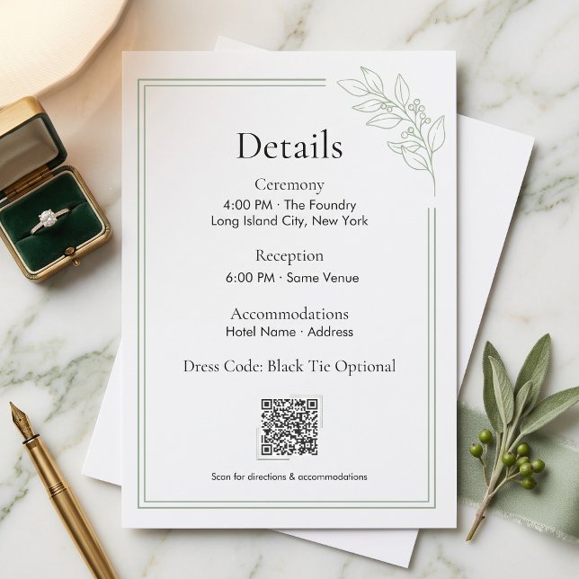 D'accompagnement Carte de détails de mariage avec code QR vert saug (Sage Green QR Code Wedding Details Enclosure Card)