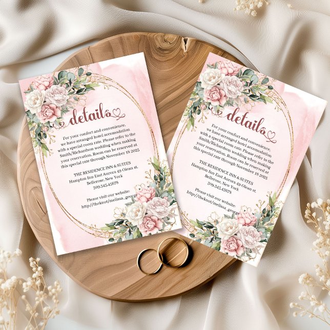 D'accompagnement Carte de détails de mariage avec fleurs et verdure (Rose Gold Flowers Greenery Wedding Details Card)