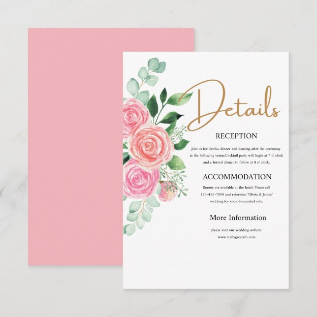 D'accompagnement Carte de détails de mariage avec roses et eucalypt (Devant / Derrière)