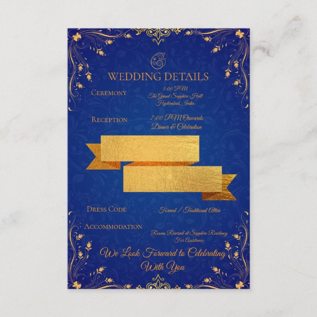 D'accompagnement Carte de détails de mariage bleu royal et or (Devant)