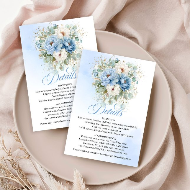 D'accompagnement Carte de détails de mariage Boho Dusty Blue Pivoin (Boho Dusty Blue Peonies White Wedding Details Card)